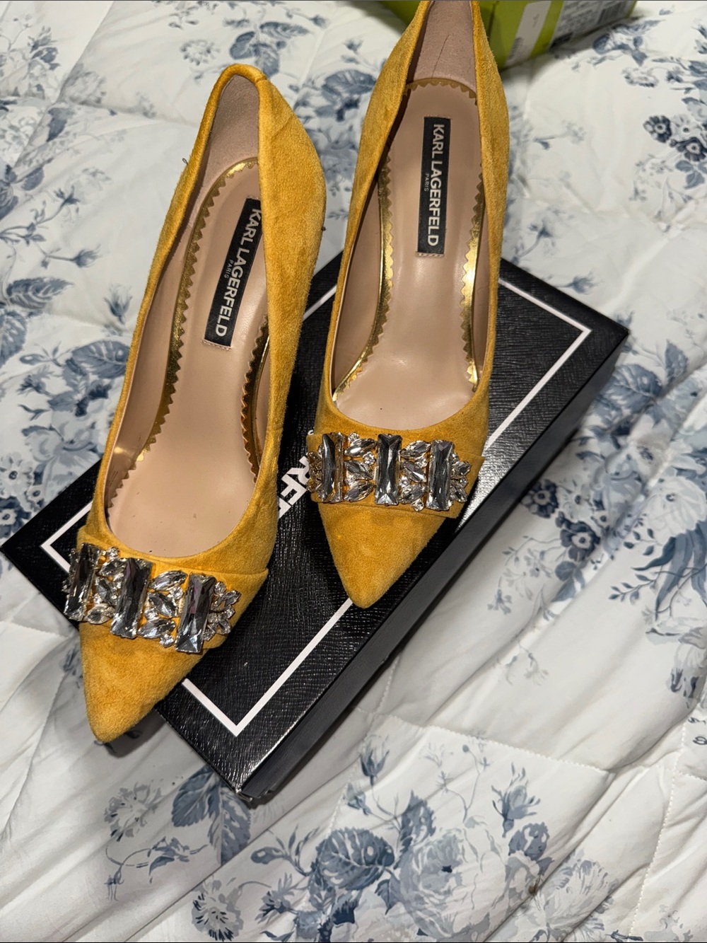 Karl Lagerfeld Mustard Yellow Suede Pointed Toe Heels with Crystal Buckle